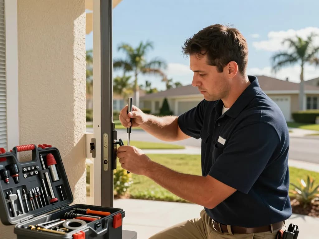 Skillful locksmith in Port St. Lucie, FL, repairing a high-security lock for enhanced home safety.