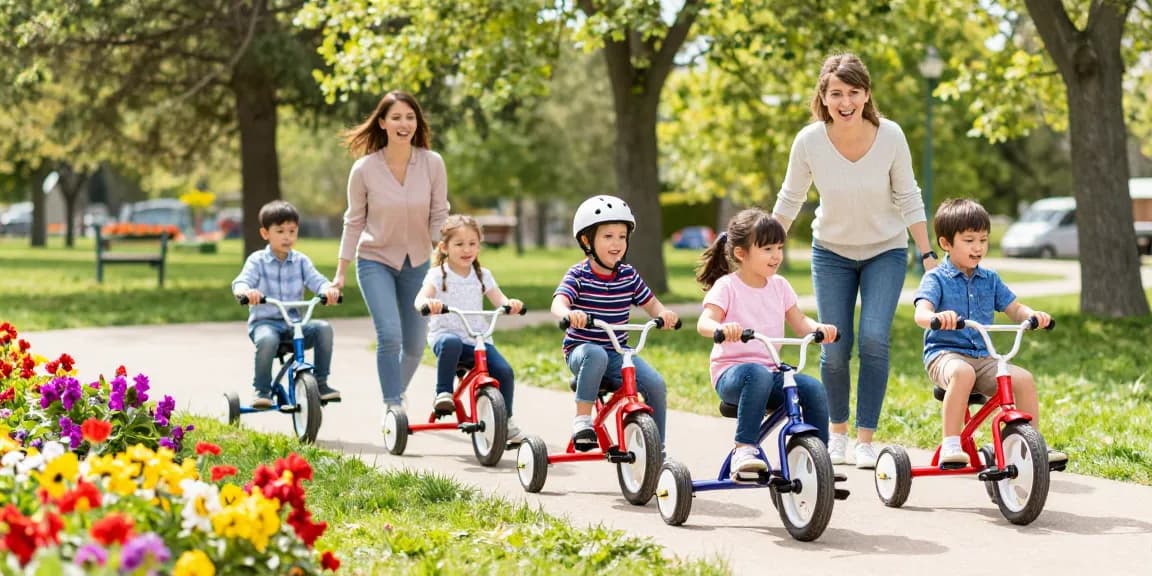 Kids riding the best kids tricycles in a sunny park, showcasing joy and outdoor fun.
