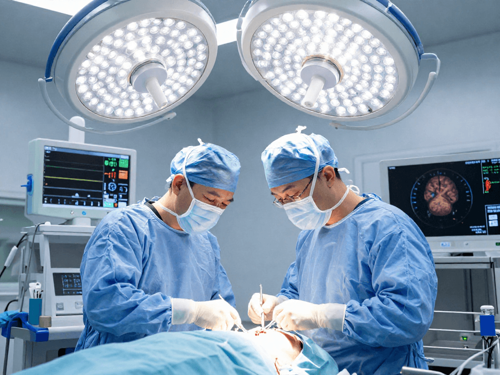 Expert neurosurgeon performing beyin tümörü ameliyatı in a high-tech operating room, showcasing precision and teamwork.