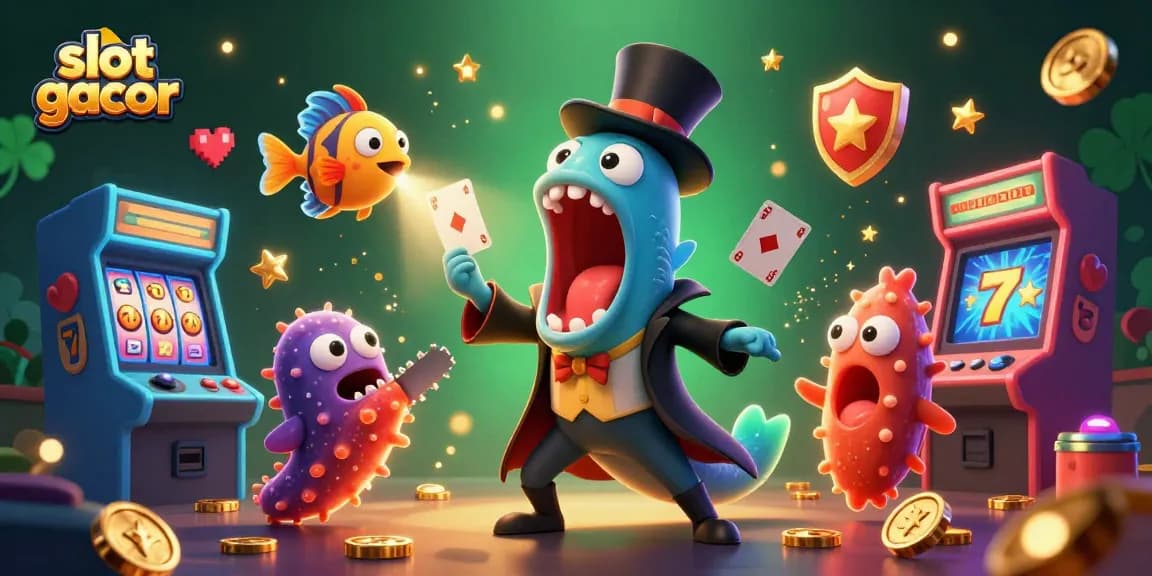 Experience the thrill of slot gacor with vibrant characters and dynamic casino elements in a magical underwater scene.