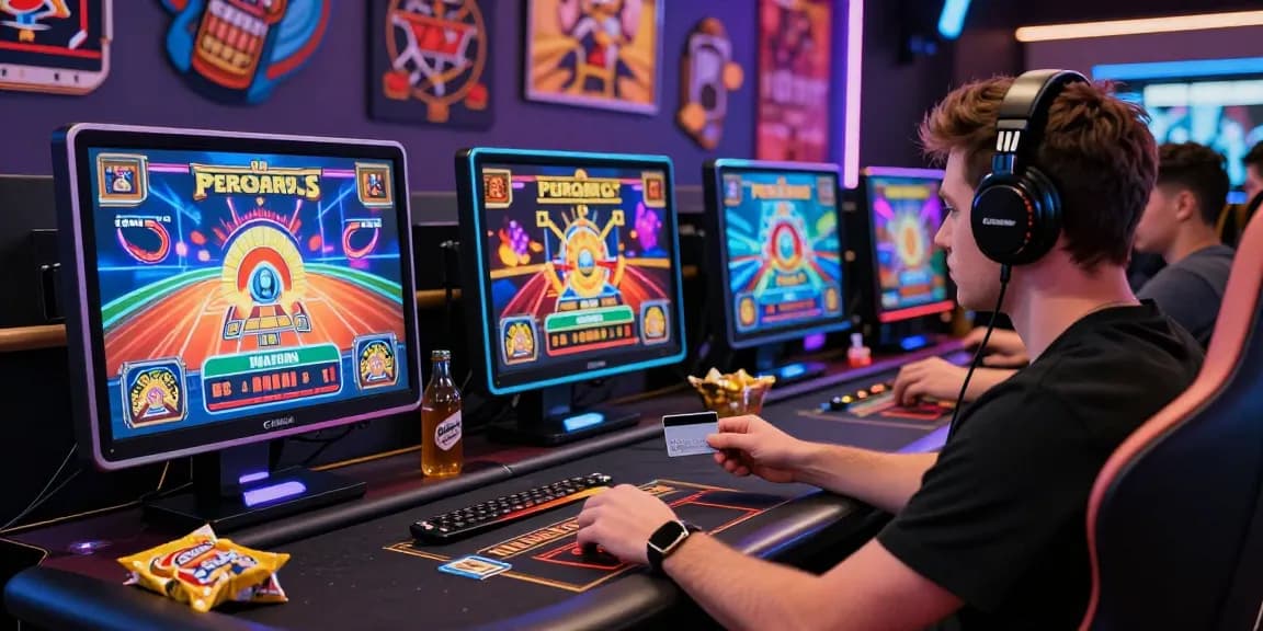 Player at spinysoft.co.uk gaming setup, engaging with online credit card casino games in a vibrant atmosphere.