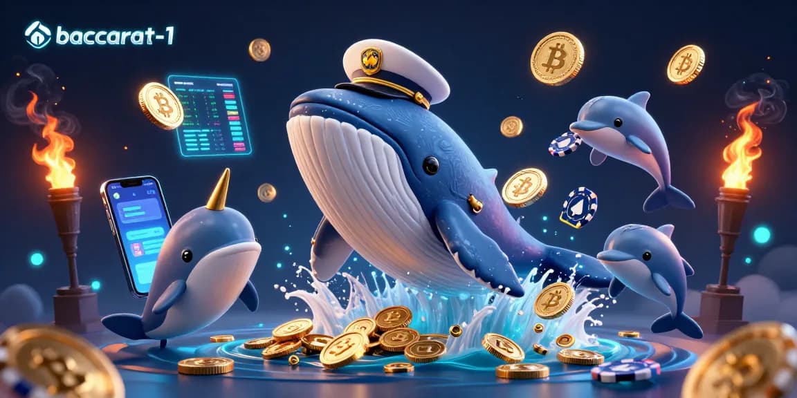Baccarat-1 showcases an exciting 3D scene with a whale and narwhal amidst a flurry of coins, embodying online gambling thrills.