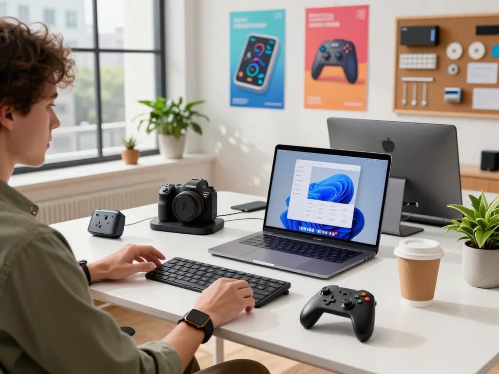 Showcasing affordable tech gadgets in a modern workspace, featuring Bluetooth devices on a stylish desk.