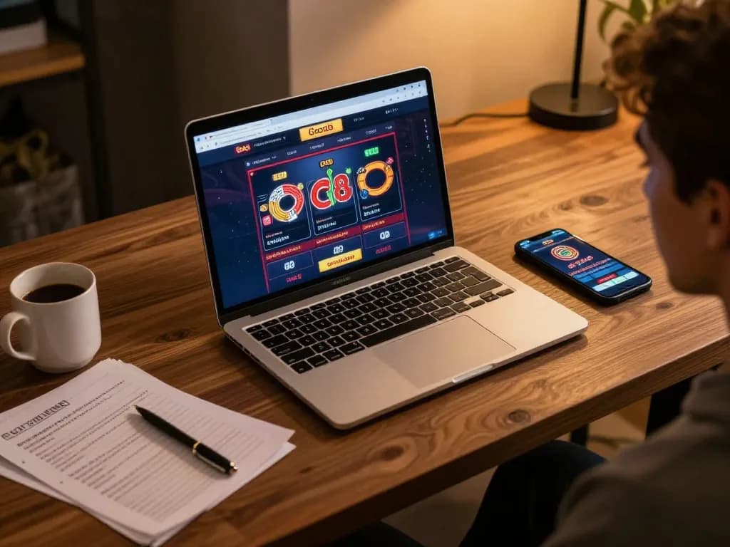Engaging scene of Go88 online gaming setup with laptop interface and smartphone app.
