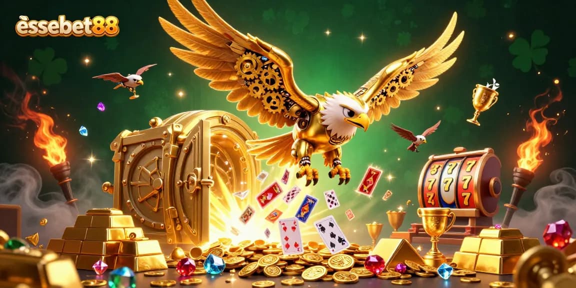 Experience thrills with essebet88 as a golden eagle dives through a cascade of holographic playing cards.