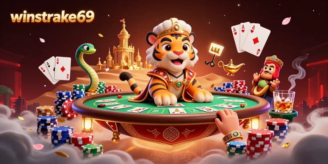 Winstrike69 features a dynamic scene with a poker-themed Arabian Nights sultan and genie companions.