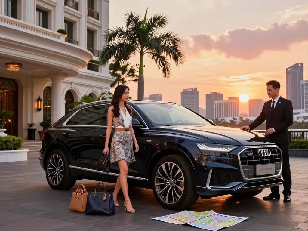 Trải nghiệm cho thuê xe ô tô hạng sang với cho thuê xe ô tô hạng sang trong những không gian sang trọng, thể hiện một chiếc Audi Q8 và những người du lịch thanh lịch.