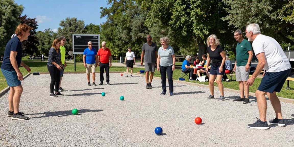 Para pemain petanque bersemangat di fopikotabitung.org, mengadakan pertandingan ramah di taman dengan latar belakang keluarga yang bersenang-senang.