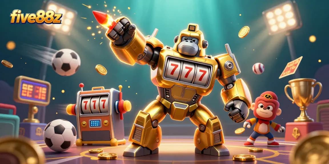Engage with five88z's exciting gaming universe featuring a dynamic golden gorilla mech in an immersive 3D scene.
