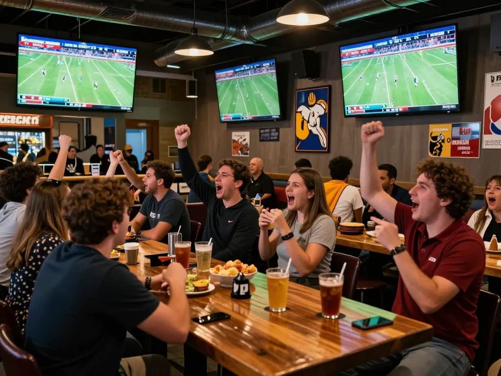 Excited fans enjoying nonton bola live with real-time scores at a vibrant sports bar