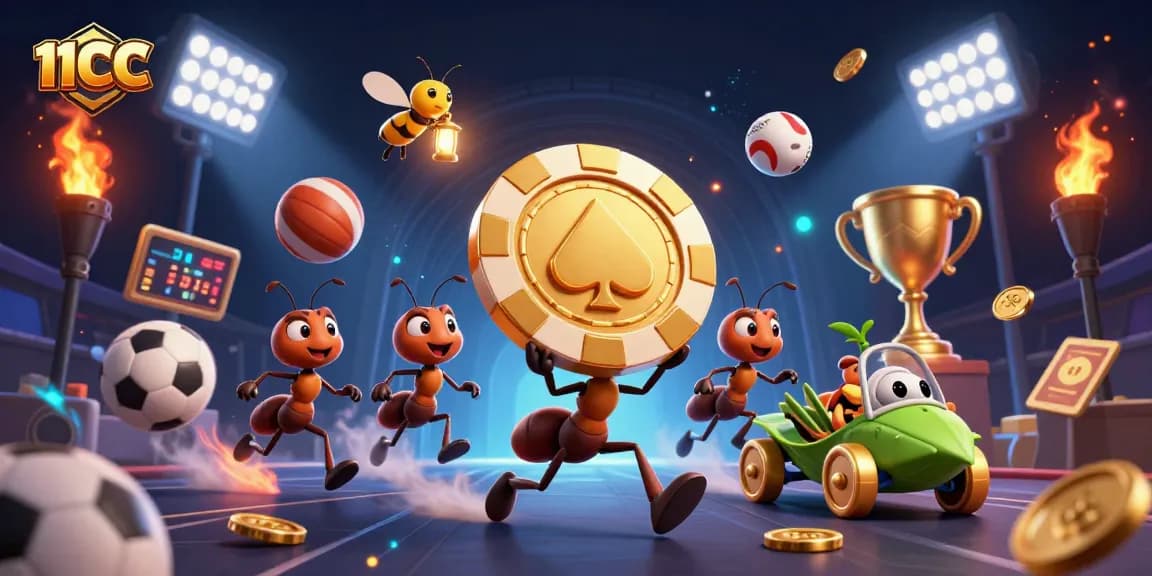 11CC showcases a dynamic team of ants carrying a giant poker chip amidst vibrant casino elements.