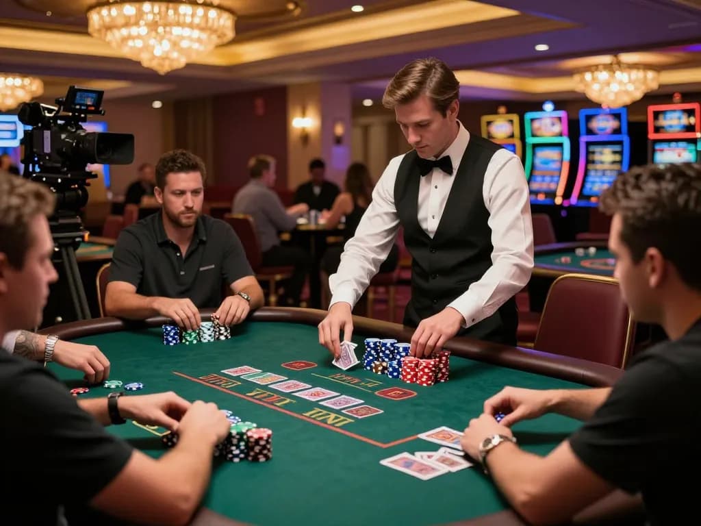 New York City Personal Injury Lawyer engaging players at an exciting blackjack table in a vibrant casino setting.
