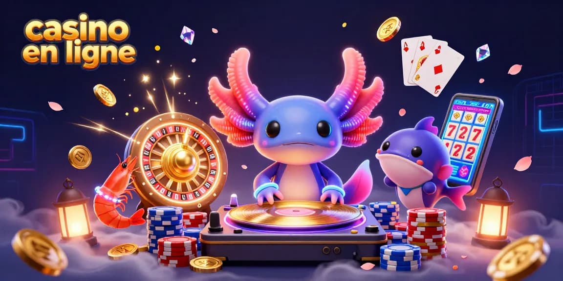 Créez des gains avec le casino en ligne grâce à un DJ axolotl animé dans une scène de jeu dynamique.