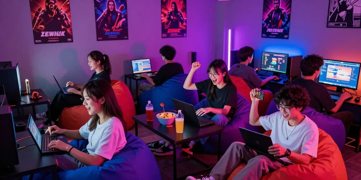 Friends experiencing hentaigames in a lively gaming lounge with neon lighting.