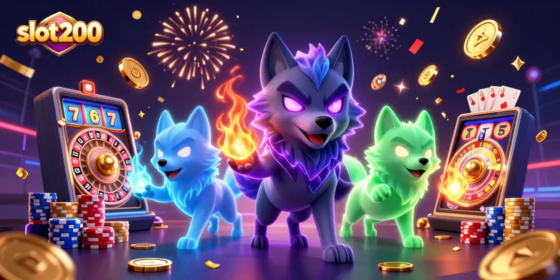 Experience the thrill of slot200 with dazzling casino scenes featuring energetic wolves and spinning reels.