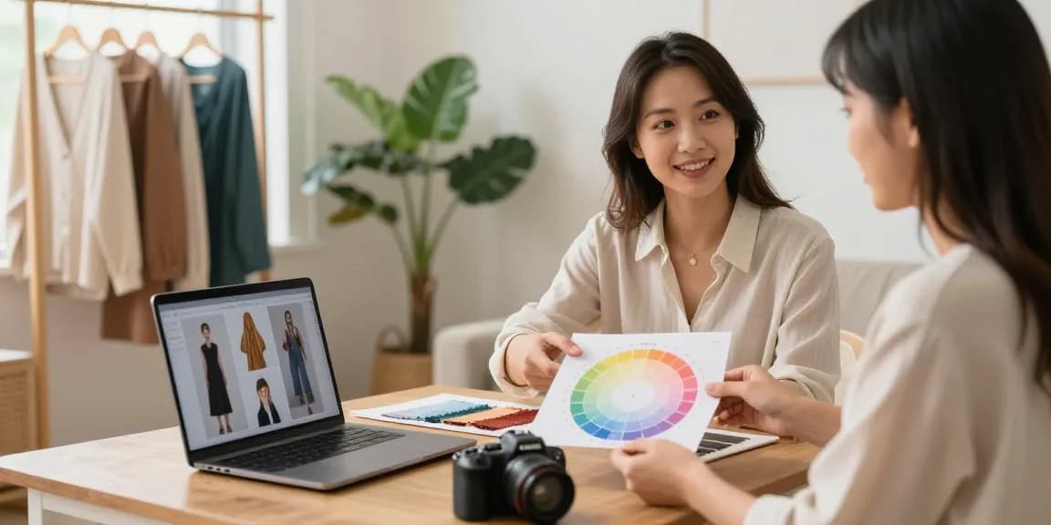 Consulenza di armocromia online con stylist e cliente in un ambiente accogliente