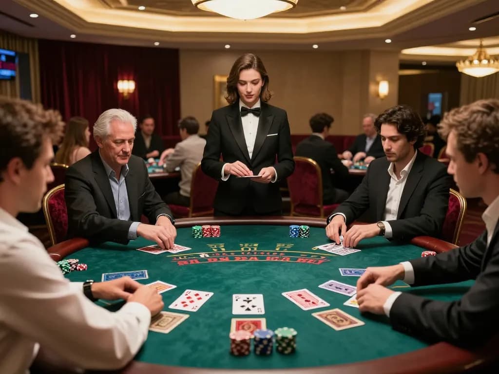 Players engaging in an intense blackjack game at MM88, showcasing chips and cards amid luxurious decor.