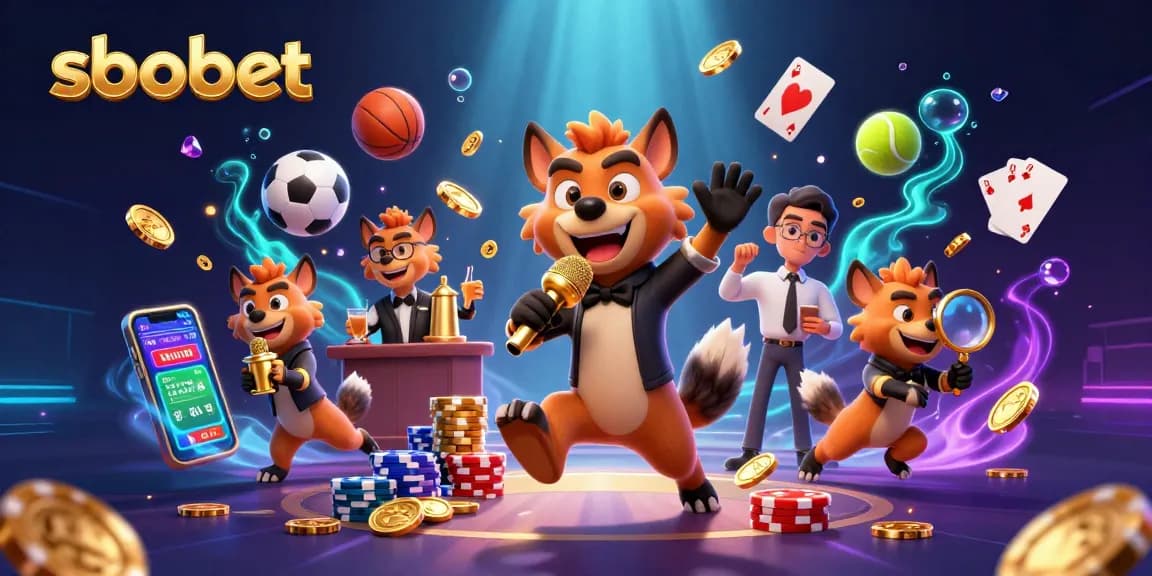 SBOBET showcases an engaging sports betting casino scene with hyena characters featuring betting odds, sports balls, and casino elements.