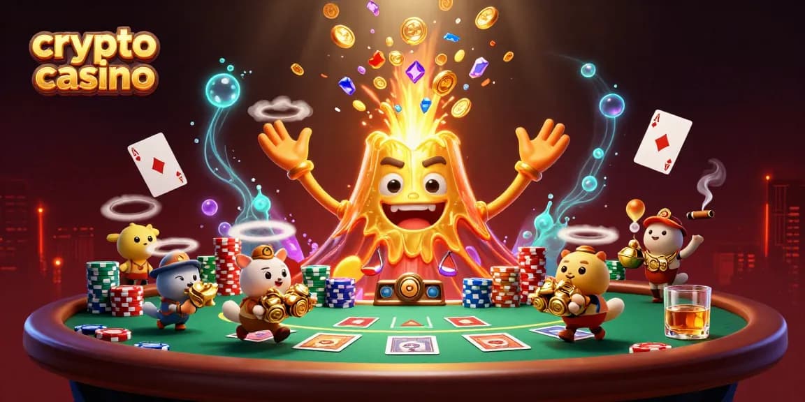 Plongez dans l'univers du casino crypto avec une scène dynamique pleine de trésors et de jeux.