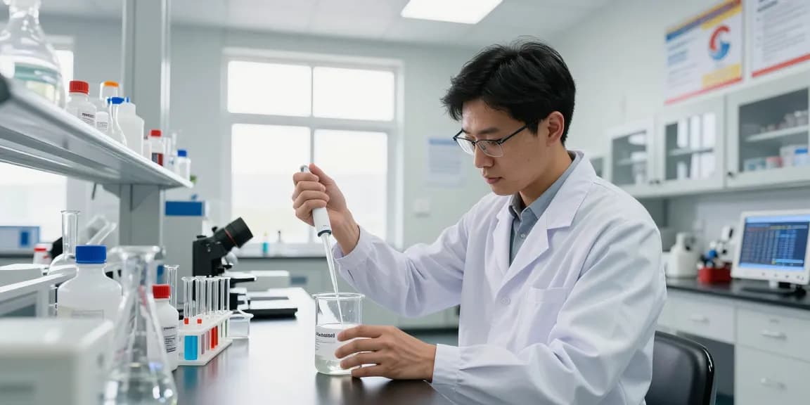 Scientist measuring 14-butanediol for sale in a professional lab setting with various glassware and safety equipment.