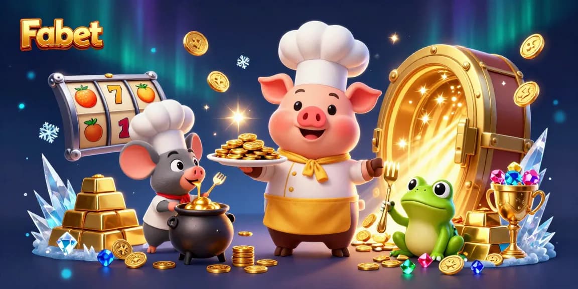 Fabet showcases a 3D chef pig serving gold coins, reflecting winning strategies in slots gameplay.
