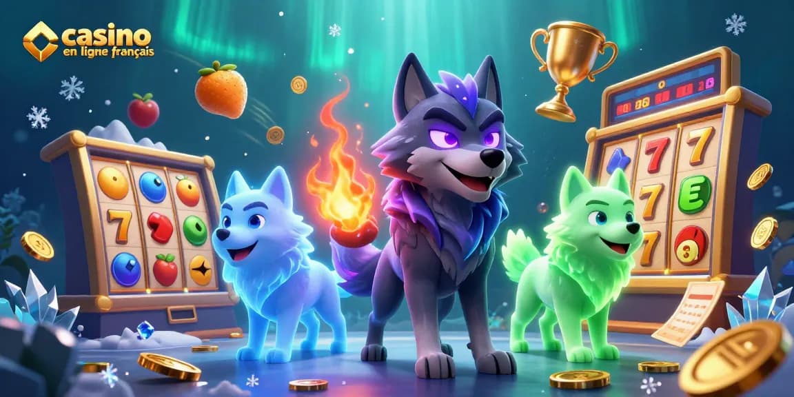 Illustration dynamique d'un casino en ligne français, avec un loup spectral et des éléments de jeu variés.
