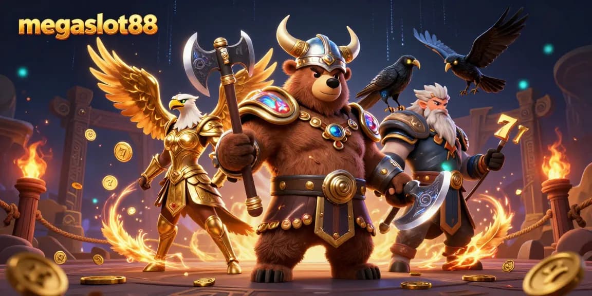 Experience thrilling action with megaslot88 as Viking warriors battle in a vibrant casino setting.