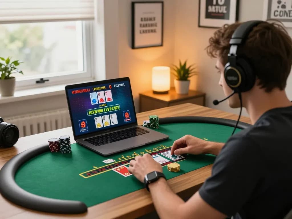 Trải nghiệm gameplay blackjack trực tuyến thú vị trên laptop trong một không gian ấm cúng tại nhà