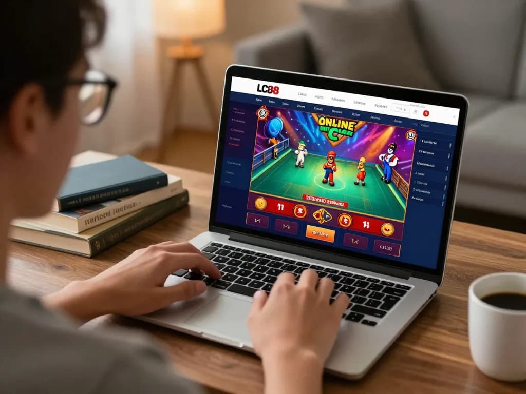Engaging in LC88 online casino gaming at home with vibrant screen interface.