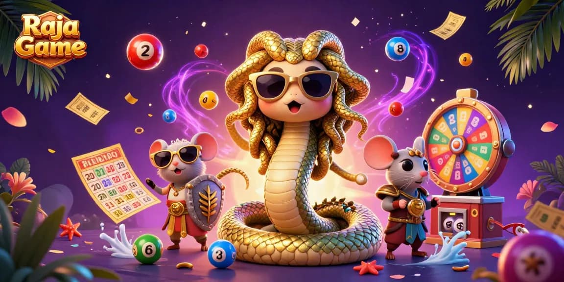 Experience thrilling luck with Raja Game's dynamic lottery-themed illustration, featuring playful characters and vibrant game elements.