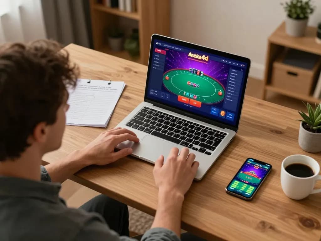 Pemain Aneka4D terlibat dalam strategi poker online selama sesi permainan di rumah, laptop dan catatan terlihat.
