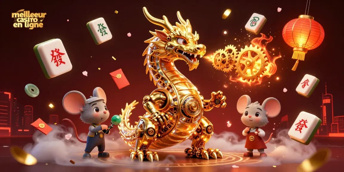 Illustration dynamique du meilleur casino en ligne avec un dragon doré et éléments de jeu, créant une ambiance captivante.