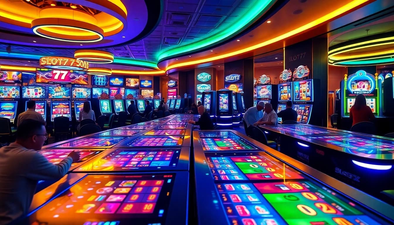 Permainan Slot77 yang mendebarkan di kasino mewah dengan pencahayaan yang cerah.