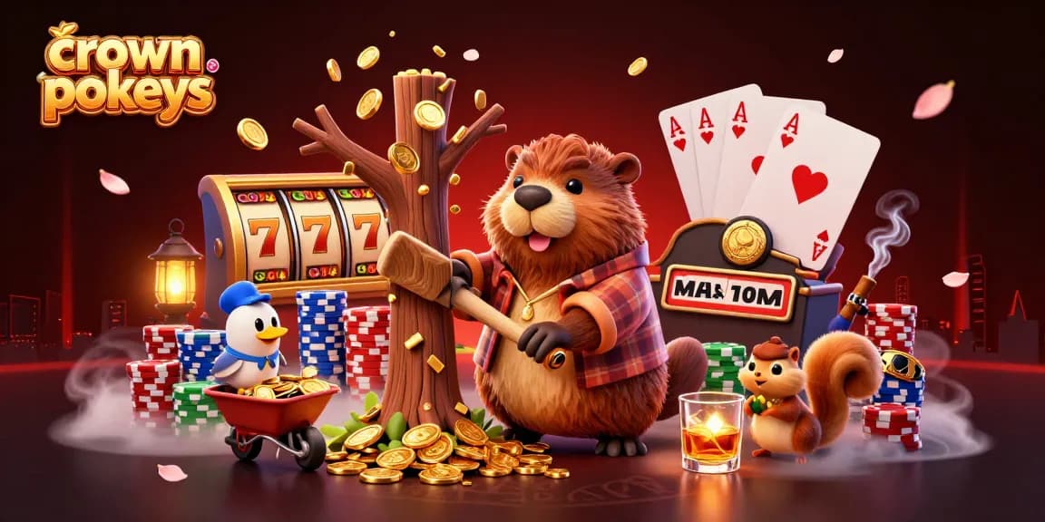 Engage in crown pokies excitement as a beaver, bird, and squirrel capture winning coins in a vibrant casino scene.