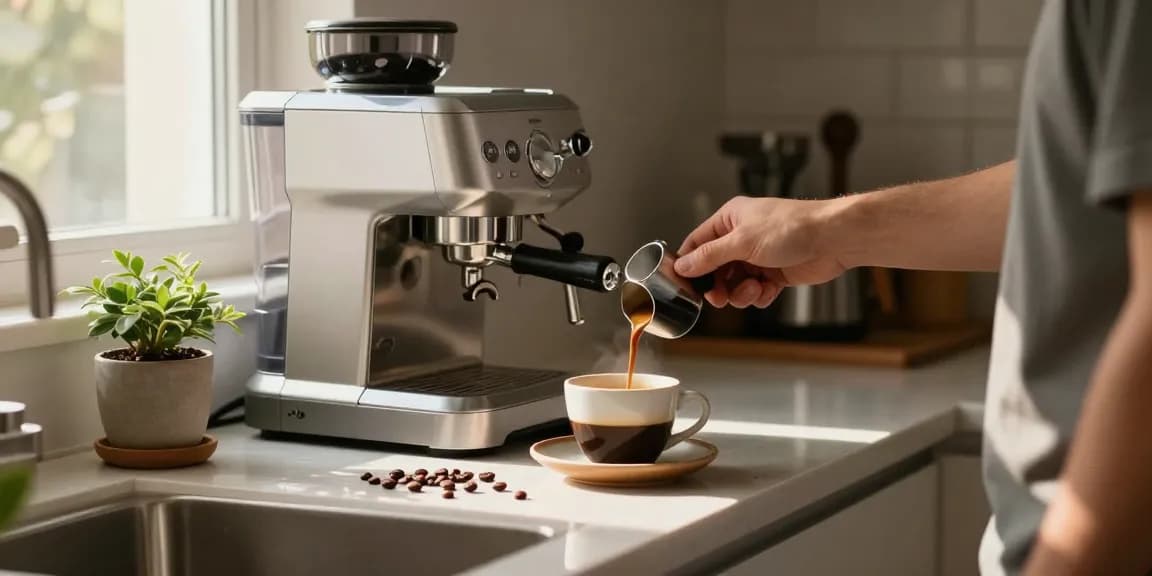 Preparing espresso with ماكينة تحضير اسبريسو in a cozy kitchen, highlighting the brewing process and inviting atmosphere.