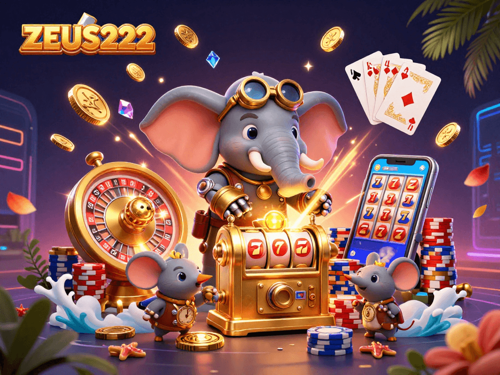 Watch ZEUS222's steampunk elephant engineer operate a vibrant golden slot machine amidst cascading coins.