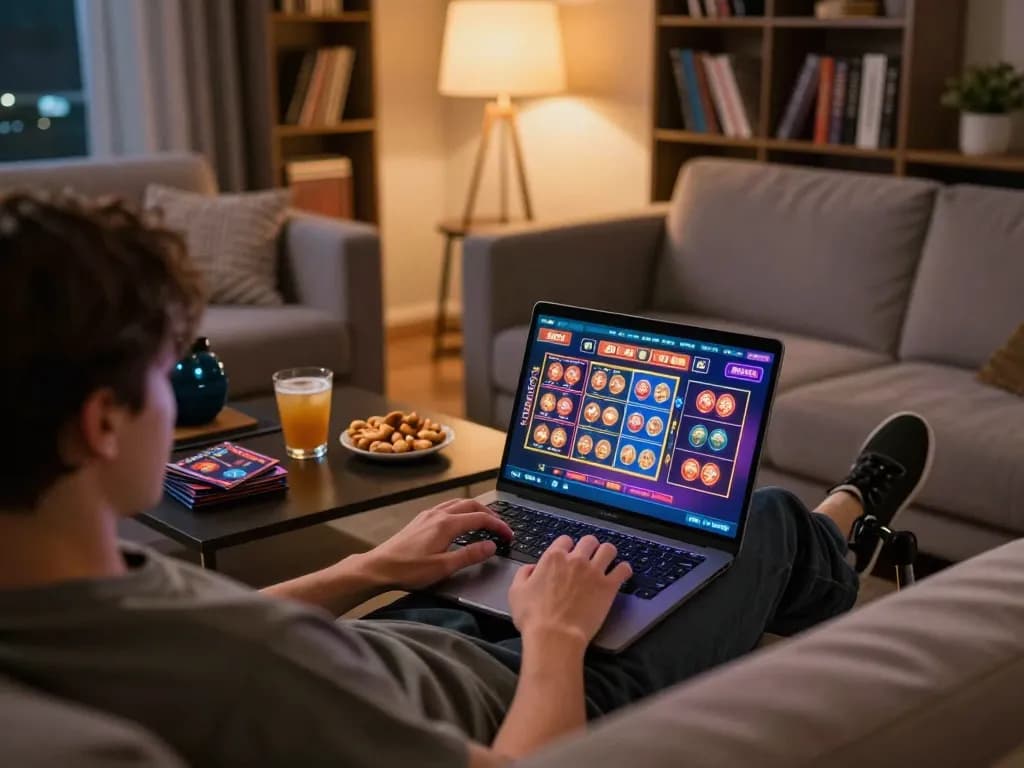 Engaging in online gaming at RR88 platform with a cozy home setup, displaying a vibrant casino interface