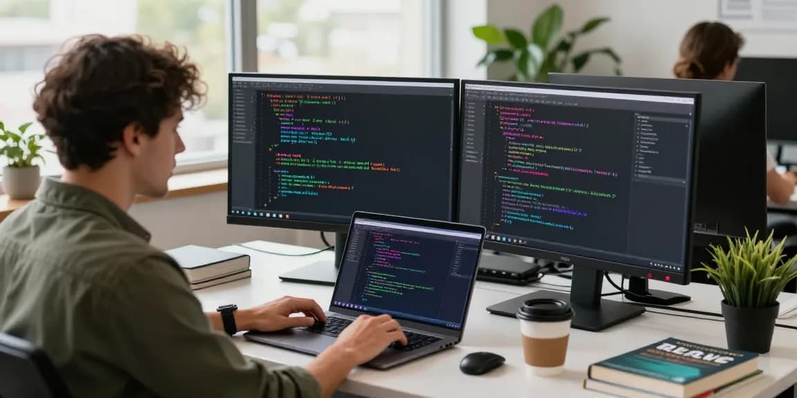 Developer menggunakan React di https://codestus.com/posts/huong-dan-su-dung/usecallback-trong-react di ruang kerja modern dengan suasana fokus.