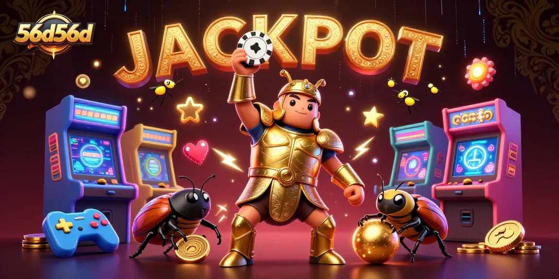 Experience the thrill of 56d56d as a hercules beetle lifts a poker chip amid vibrant casino elements.