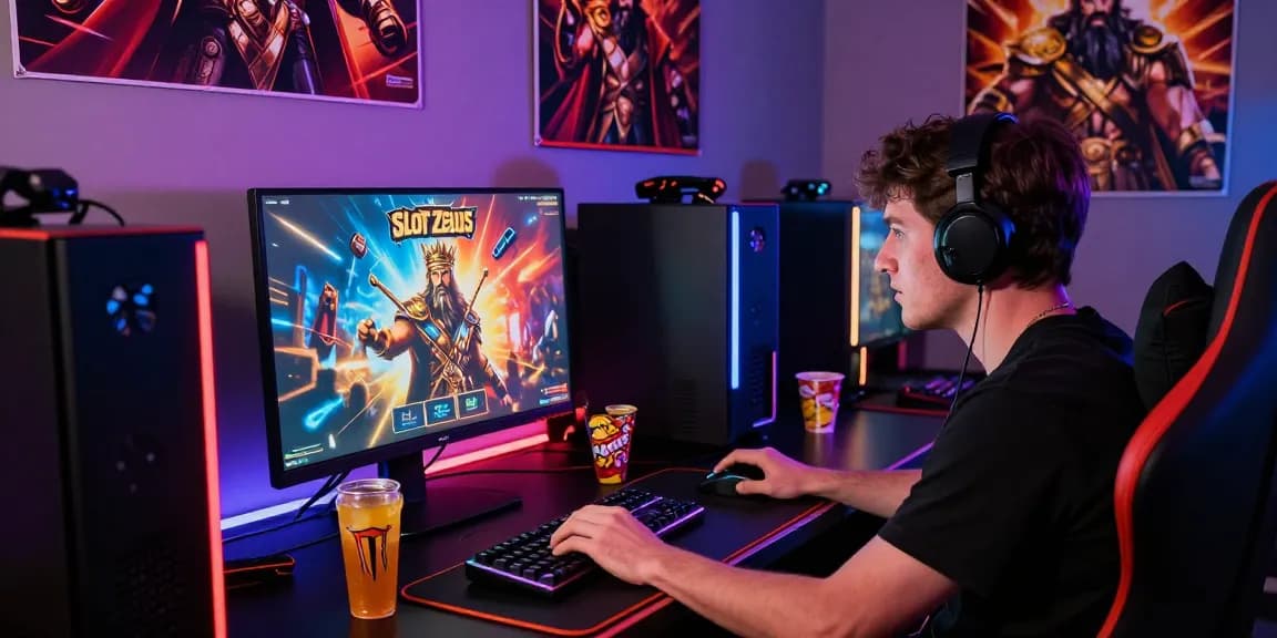 Excited player enjoying Slot Zeus game in a vibrant gaming setup, surrounded by themed decor and LED lights.