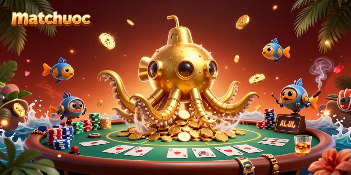 Engage with matchuoc for a thrilling casino adventure with a golden kraken and poker elements.