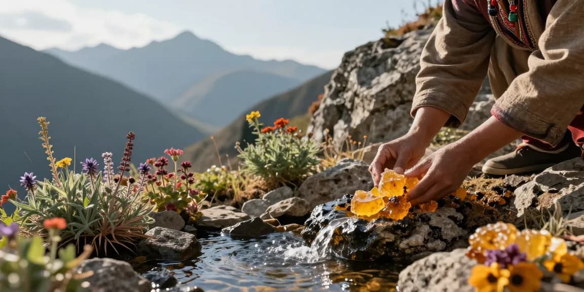 Pure Himalayan shilajit resin being harvested amidst serene Himalayan mountains, highlighting organic wellness.