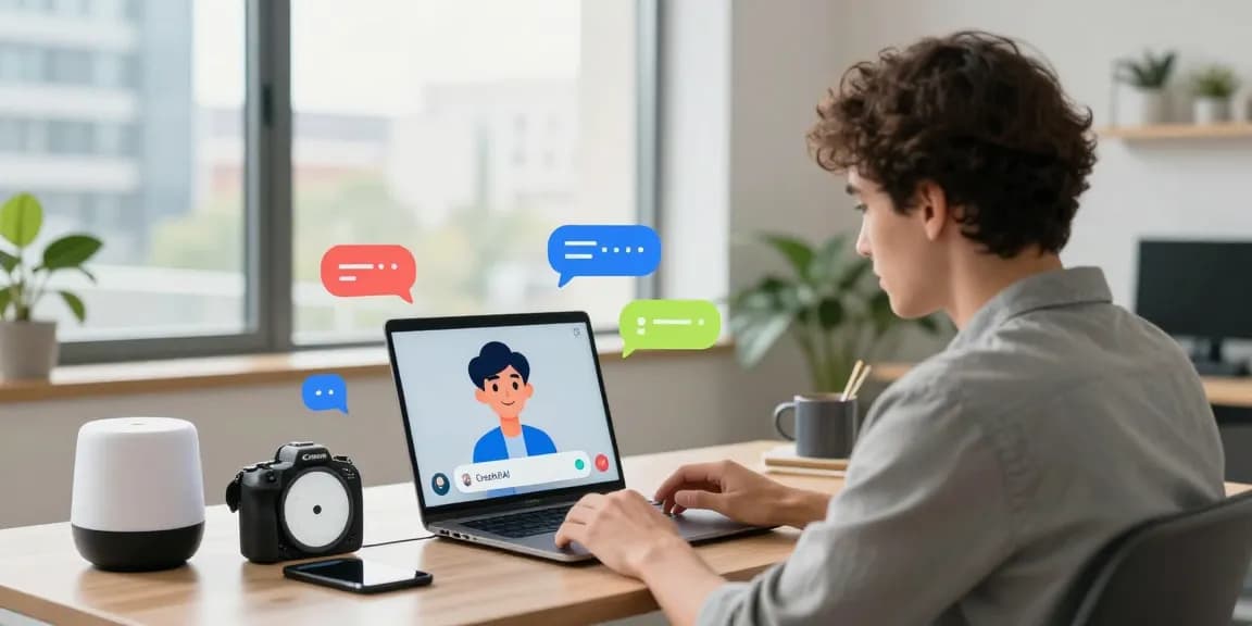 Engaging scene with user interacting with Crushon AI chatbot on laptop in bright modern tech workspace.