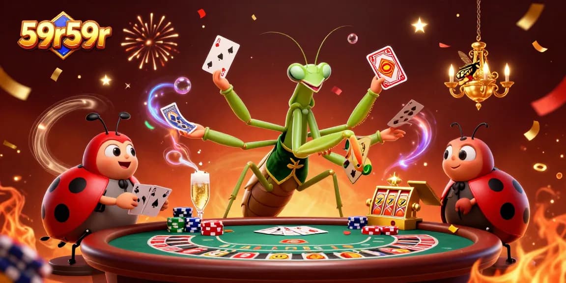 Engage with 59r59r's thrilling casino atmosphere featuring a lively mantis dealer and vibrant gaming elements.