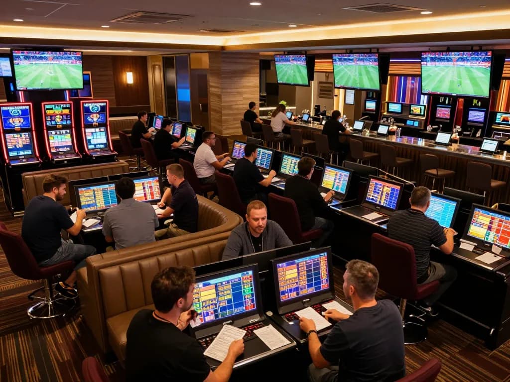Betters analyzing odds at the vaobet sports betting lounge, showcasing excitement and strategy in gameplay.