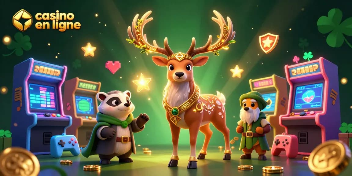 Un aperçu captivant d'un casino en ligne avec un cerf druidique et un blaireau, ambiance magique.