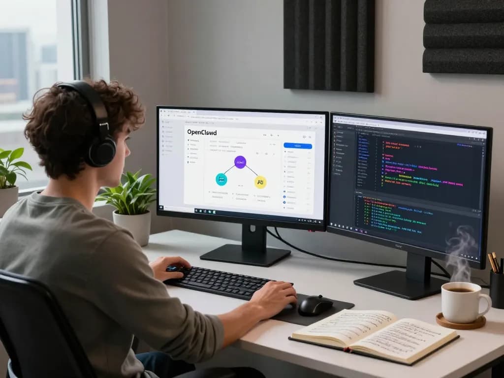 Developer utilizing OpenClawd in a modern workspace with dual monitors and coding interface.
