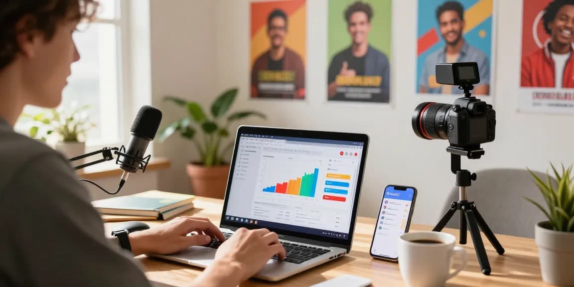 YouTube Views kaufen: Kreativer Content Creator arbeitet in modernem Home Office an YouTube Analytics.