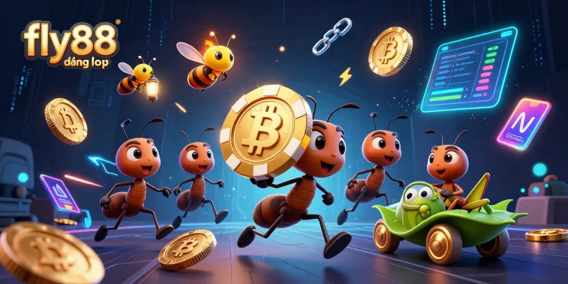 Execute secure fly88 đăng nhập through a vibrant cartoon heist scene with ants and crypto elements.