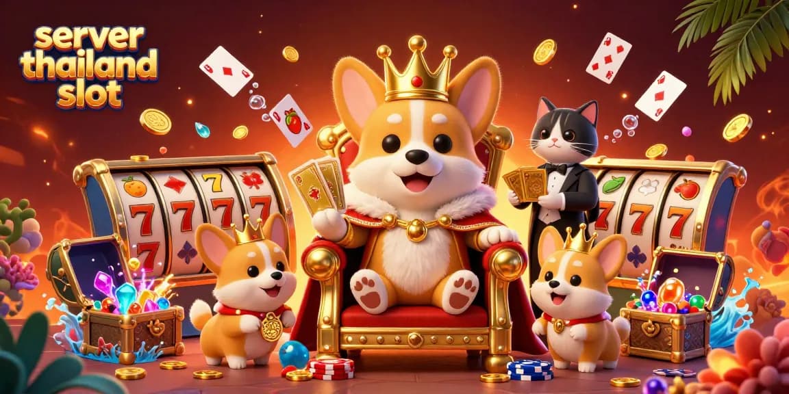 Play thrilling games at server thailand slot with a vibrant 3D illustration showcasing royal corgis and casino elements.